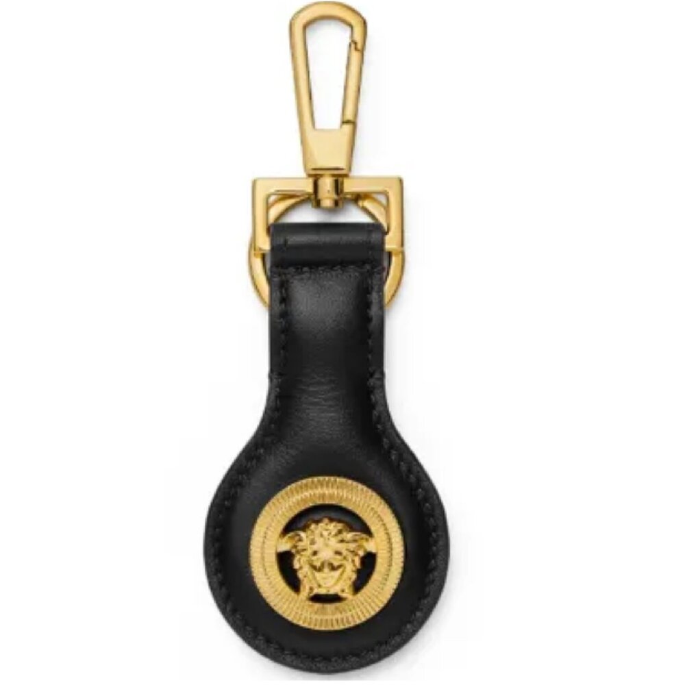 New Versace Leather Black Gold Tone Keychain